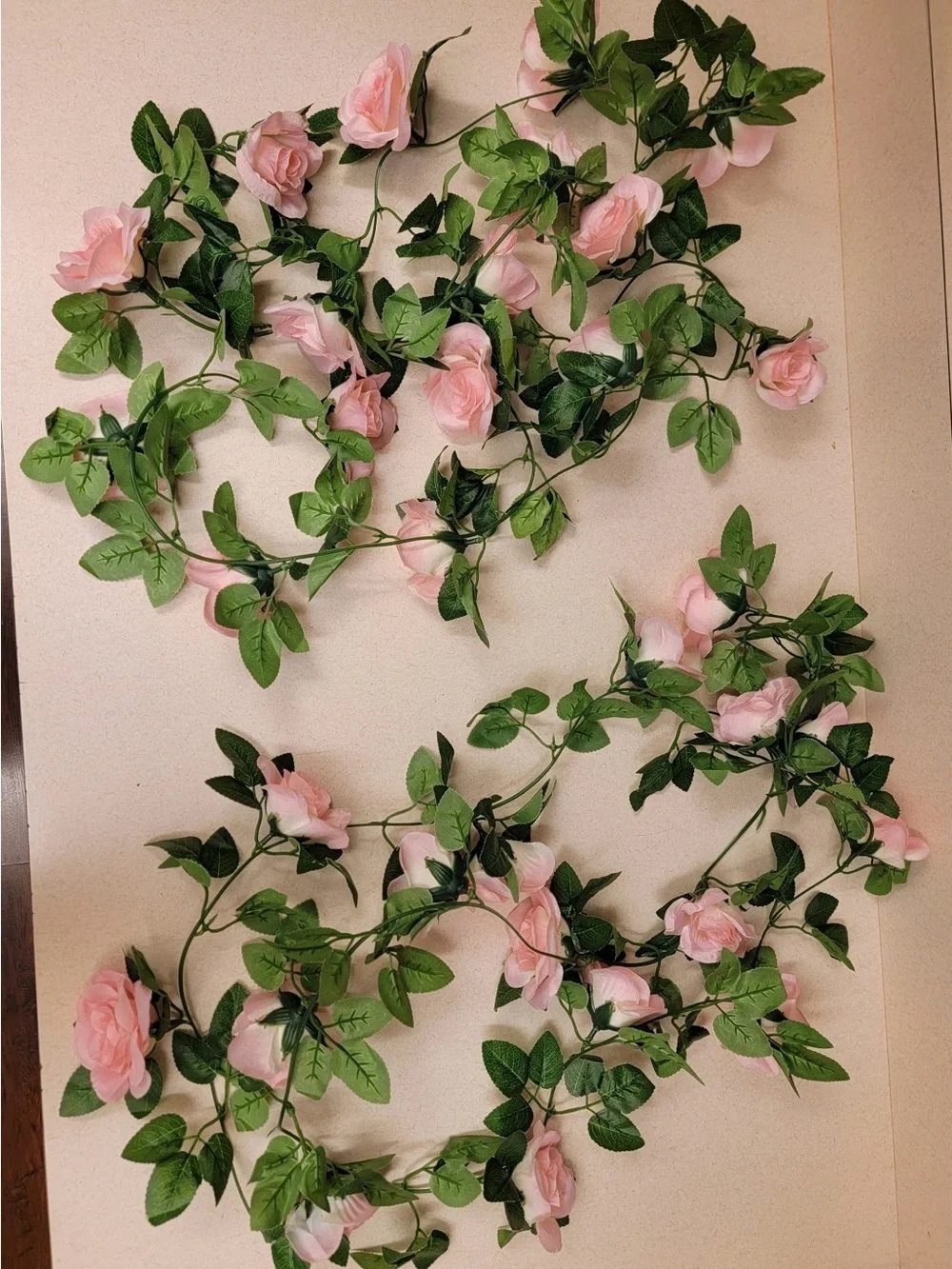 Two Artificial Rose Leaf Garlands with 32 Pink Roses - Two 8-foot Strands